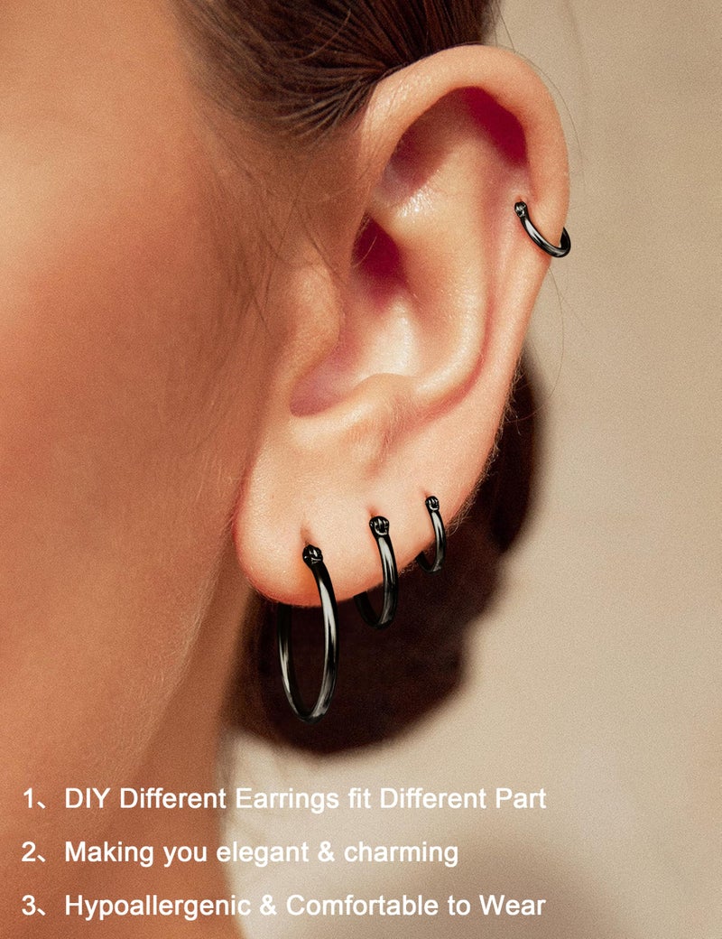 ORAZIO 4 Pairs Stainless Steel Hoop Earrings Set Cute Huggie Earrings for Women, 10MM, 12MM,15MM, 20MM Black Tone - Image 5